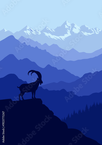 Majestic Mountain Goat Standing on Rocky Outcrop Against Layered Mountains Vector Illustration in Soothing Blue Tones