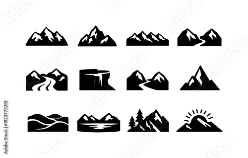 Mountain Landscapes. Solid icon set of Mountain Landscapes: snow mountain, rocky peak, alpine ridge, mountain valley, glacier tongue, cliff