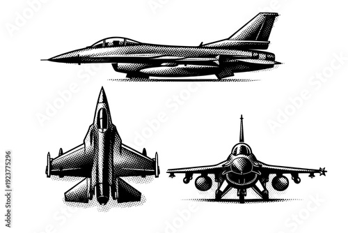 Airplane side profile military fighter jet. A sleek supersonic fighter aircraft with sharp nose, canopy cockpit, and angular wings presented