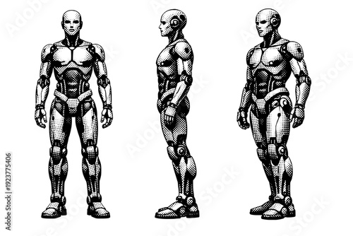 Humanoid robot ? full-body android figure. A single humanoid robot depicted in three views showing front standing, side profile,