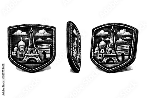 Black white halftone travel patch set landmark patch A landmark travel patch badge is shown as a single object from three different views: front view, side