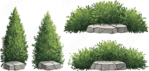 Garden shrub and stone border vector set, decorative hedge bushes collection, realistic landscape greenery elements, isolated landscaping illustration bundle