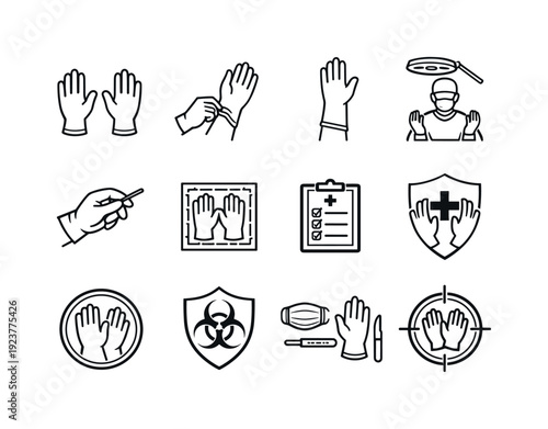 Surgical Gloves. Line outline icon set of Surgical Gloves: surgeon hands, surgical glove