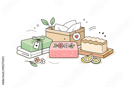 Spring handmade soap presentation. A small collection of soaps displayed like a gift-ready arrangement with minimal decoration. Calm joy,