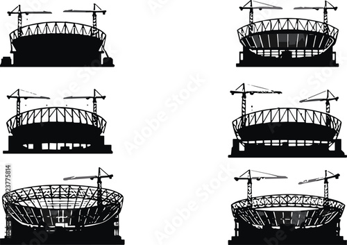 Stadium construction silhouette set, modern sports arena building with cranes vector illustration, architectural infrastructure development, black industrial design collection