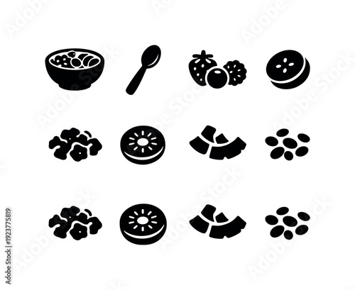 Healthy breakfast bowl. Filled icon set of Healthy breakfast bowl: smoothie bowl, spoon,