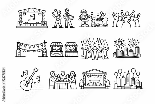 City Holiday Events. Line icon set of City Holiday Events: outdoor concert stage, street performers, holiday parade, crowd cheering, city festival banner,