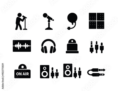 Studio vocal performance. Filled icon set of Studio vocal performance: singer stance, mic