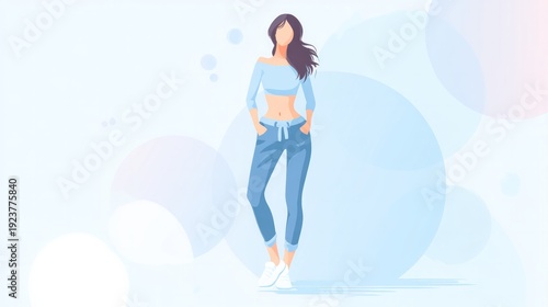 Illustration of a female figure standing confidently with casual attire and a light background, embodying empowerment and style