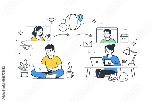 Remote work growth. People working from home with laptops and video call windows, relaxed and productive atmosphere, flexible work culture