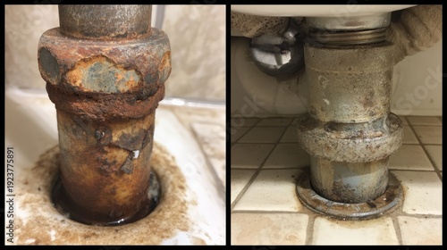 Comparison of an old corroded metal drain pipe and a new PVC pipe under a sink, highlighting wear and tear versus a clean finish