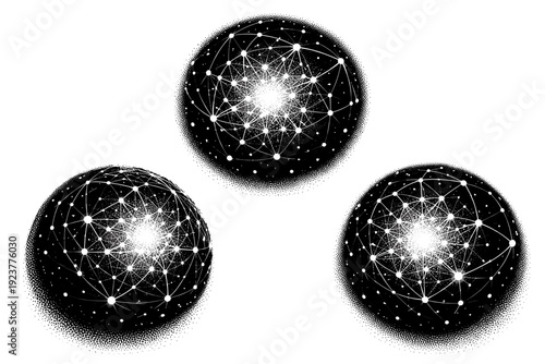 Neural network interconnected sphere core. Black and white dot style with halftone texture and high contrast. Halftone texture with partial