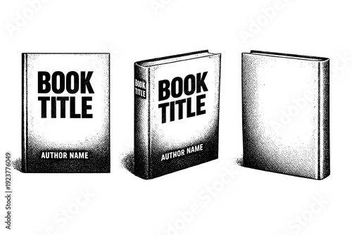 Minimal book cover template with large title field and author text block shown as a single object in front view, slight three-quarter tilt, and flat back view.