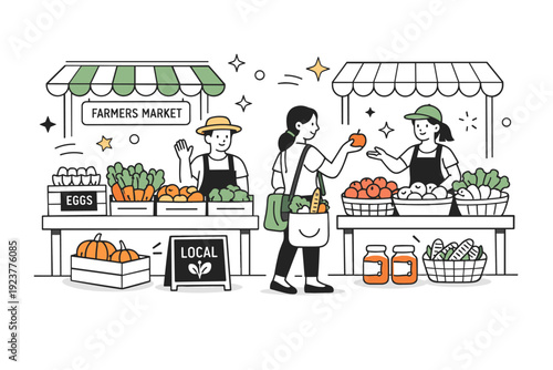 Community Farmers' Market. Farmers? market setup. Vendors arrange fresh local produce on stalls, with soft floating stars and abstract shapes highlighting