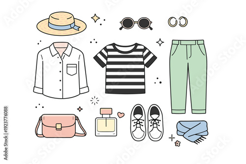 Modern spring wardrobe flat lay. Stylized clothing items, hat, and accessories arranged in a simple grid from above. Contemporary fashion