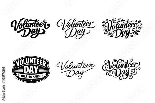 Volunteer Day. Set lettering. harmonious lettering variations of the same emblematic concept, each with different artistic interpretation (Bold hand-lettering