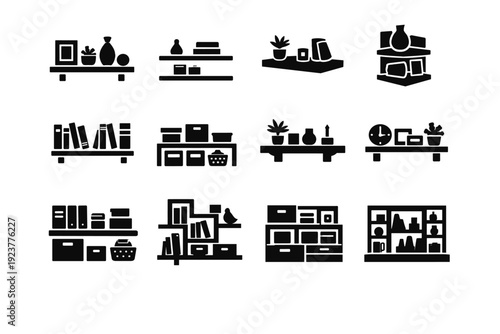 Custom Shelves Icons. Finished Custom Shelves. Solid icon set of finished custom shelves: wall shelf display, minimalist shelf, floating shelf, corner shelf,