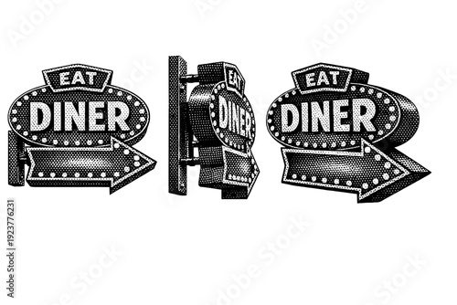 Diner wall-mounted signboard. A realistic diner wall-mounted signboard shown as a single object from three different angles: front view, side