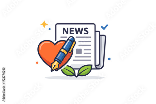 Reporting on social issues ethical media practice visualized through a pen and heart icon combined with a news layout, expressing care,
