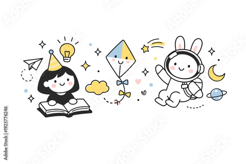 Cute characters. Abstract decorative elements floating around simple characters. Imagination, joy, and gentle playfulness suggested without