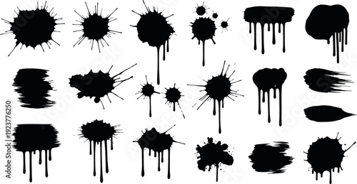 Creative Black Ink Drips and Splatters with Textured Brush Marks for Artistic Backgrounds