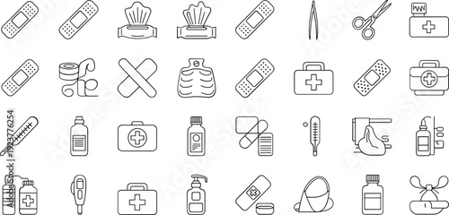 Medical supplies and first aid kit icons for healthcare and emergency care