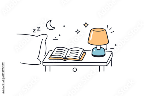Bedtime reading routine. A simple scene showing a book, bedside table, and warm lamp next to a pillow. The illustration conveys winding down, comfort, and