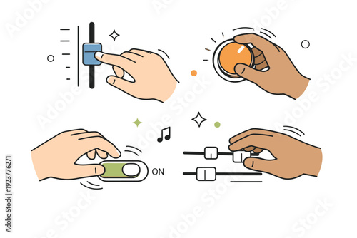 Buttons and switches tactile. Scene showing different hands interacting with various analog controls?sliders, knobs, and switches?with soft motion lines. Calm