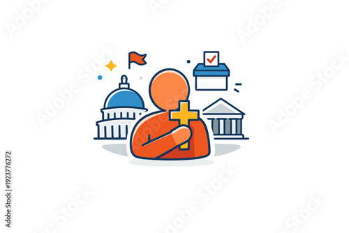 The relationship between Christianity and politics a person holding a cross while nearby civic symbols float, conveying guidance, values and the intersection