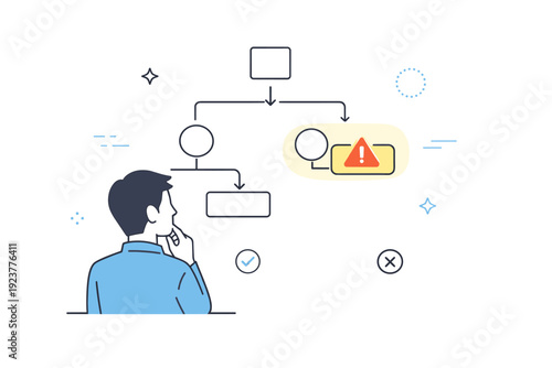 Anticipating negative outcomes. A person looking ahead at a simple flowchart where one branch is softly highlighted with a warning symbol, showing thoughtful