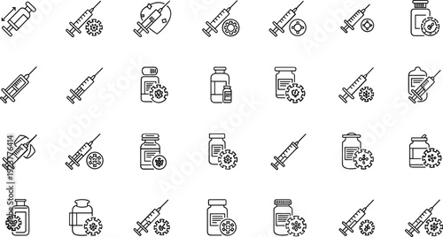 Vaccine icons set with syringes and medicine bottles