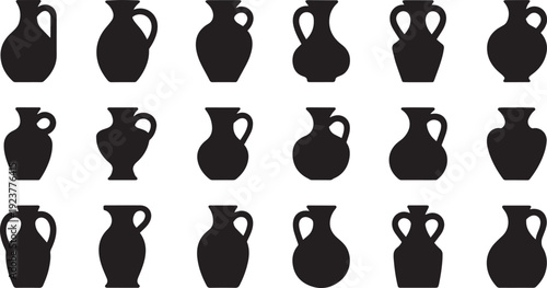 A Collection of Black Silhouette Ancient Ceramic Vases and Pots Isolated on a White Background