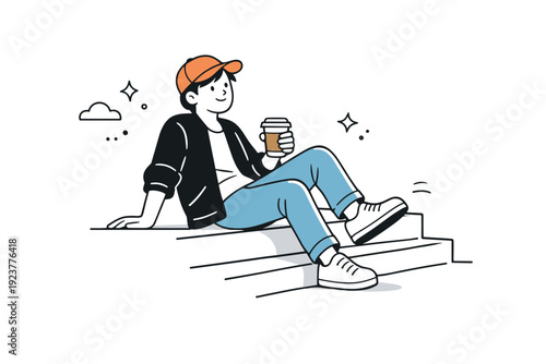 Sitting on steps casually. A person sits sideways on steps with a coffee cup, one foot higher, body slightly leaning back. Calm break during a walk, soft mood