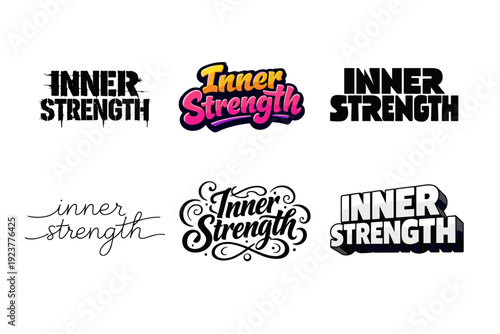 Inner strength. Set lettering. harmonious lettering variations of the same emblematic concept, each with different artistic interpretation (Stencil-inspired