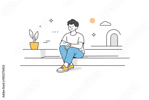 People sitting on steps. A person sitting quietly on wide steps, relaxed posture and neutral expression. Pause in movement, calm reflection, soft architectural