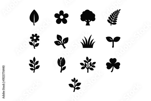 Flora. Solid icon set of Flora: leaf, flower bloom, tree, fern frond, wildflower, branch with leaves, grass tuft, botanical sprout, plant