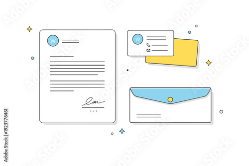 Stationery mockups. Business cards, letterheads, and envelopes neatly arranged on a white surface with plenty of air. Professional clarity, calm order, and