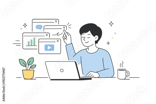 Digital tool switching fatigue. A calm end moment shows a person closing multiple app windows, seeking simplicity after overload. The scene feels reflective