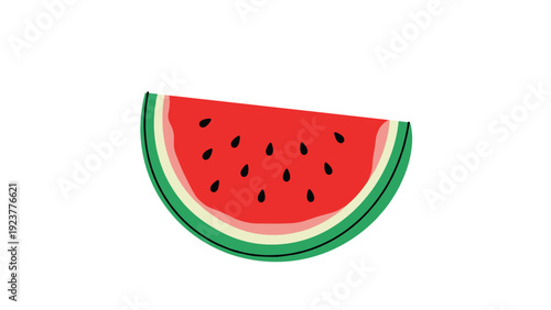 Bright and juicy watermelon slice with red flesh and black seeds illustrated in a simple flat style on white background.