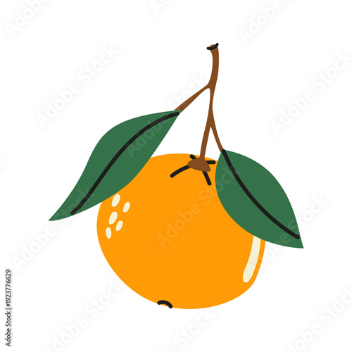 Cartoon orange fruit with branch, leaves in groovy style. Juicy citrus sticker in retro doodle aesthetic. Healthy fruit vector illustration isolated
