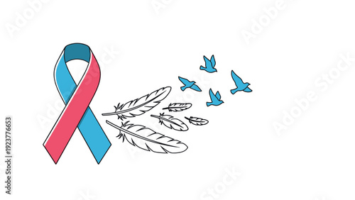 Pink and blue awareness ribbon with flying feathers and birds symbolizing hope and freedom on white background.