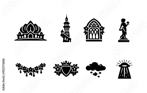Mythical blossom palace. Filled icon set of Mythical blossom palace: petal dome, fantasy