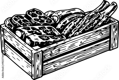 Vintage Engraving Butcher Meats in Wooden Crate Isolated