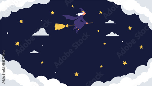 Night sky scene featuring a witch flying on a broomstick through the stars and clouds, framed by white puffy cloud edges.