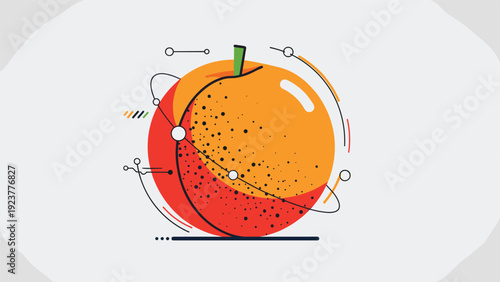 Artistic rendering of a peach fruit with dotted textures and orbiting lines with circular nodes for a creative scientific look.