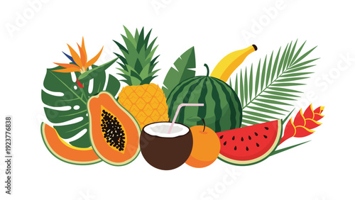 Colorful collection of tropical fruits including pineapple, watermelon, coconut with a straw, papaya, and exotic flowers.