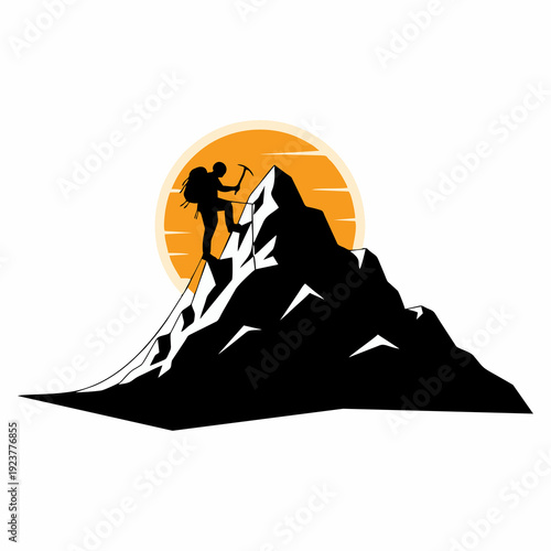 Mountain climber silhouette at sunrise vector illustration