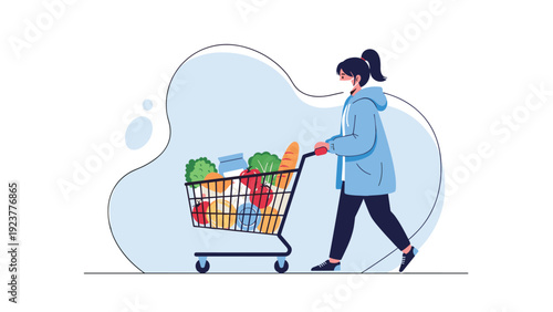 Woman wearing a face mask while pushing a full shopping cart of groceries during the pandemic period illustration.