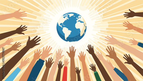Diverse group of hands in various skin tones reaching up towards a central globe against a glowing sunburst background.