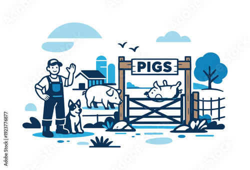 Farm boundary moment. Pigsty gate marking the edge of the animal enclosure, balanced lines